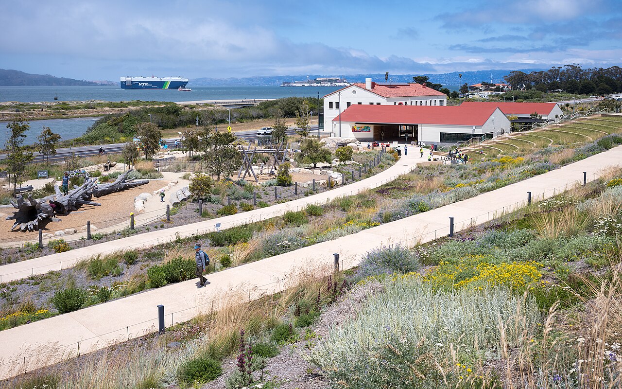 Landscaped paths at Presidio Tunnel Tops overlooking San Francisco Bay and Alcatraz.