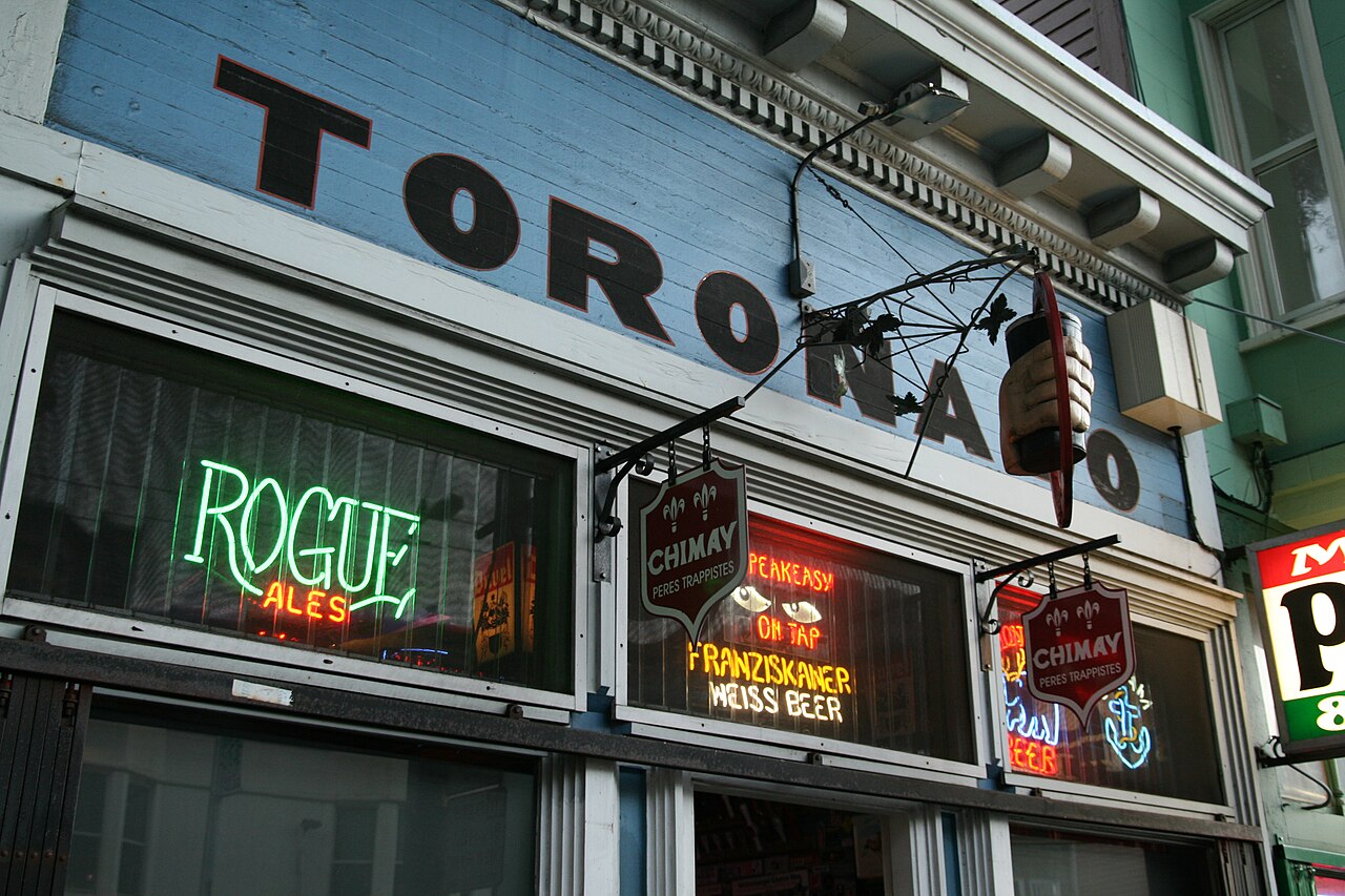 The Toronado storefront and neon beer signs in San Francisco’s Lower Haight.